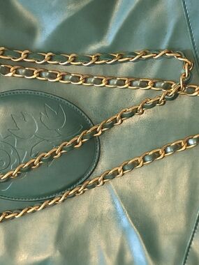Teal Leather Chain-Detail Crossbody Bag with Embossed Oval Accent